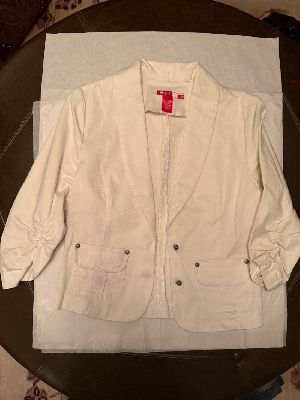 SPLIT White Cotton/Spandex Three-Quarter Ruched Sleeve Blazer Sml New